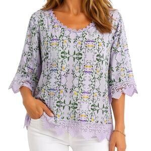 NEW NWOT Allison Daley Petites PS Small Lavender Purple Floral Blouse Shirt Top